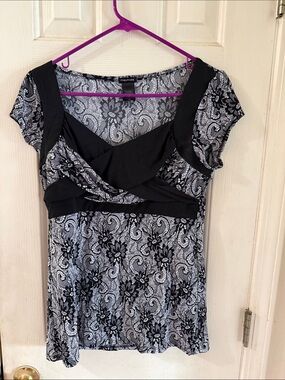 Maurices Black and White Floral Lace-Print Wrap Top